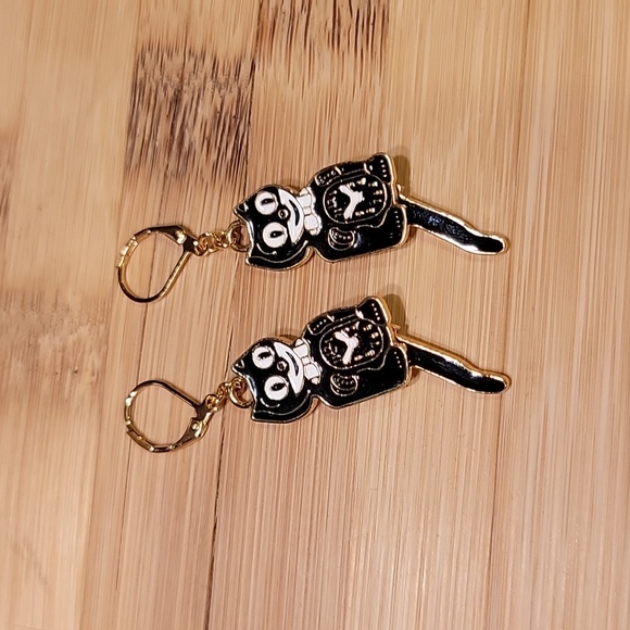 Black & gold Kit-cat klock clock earrings - Picture 4 of 6